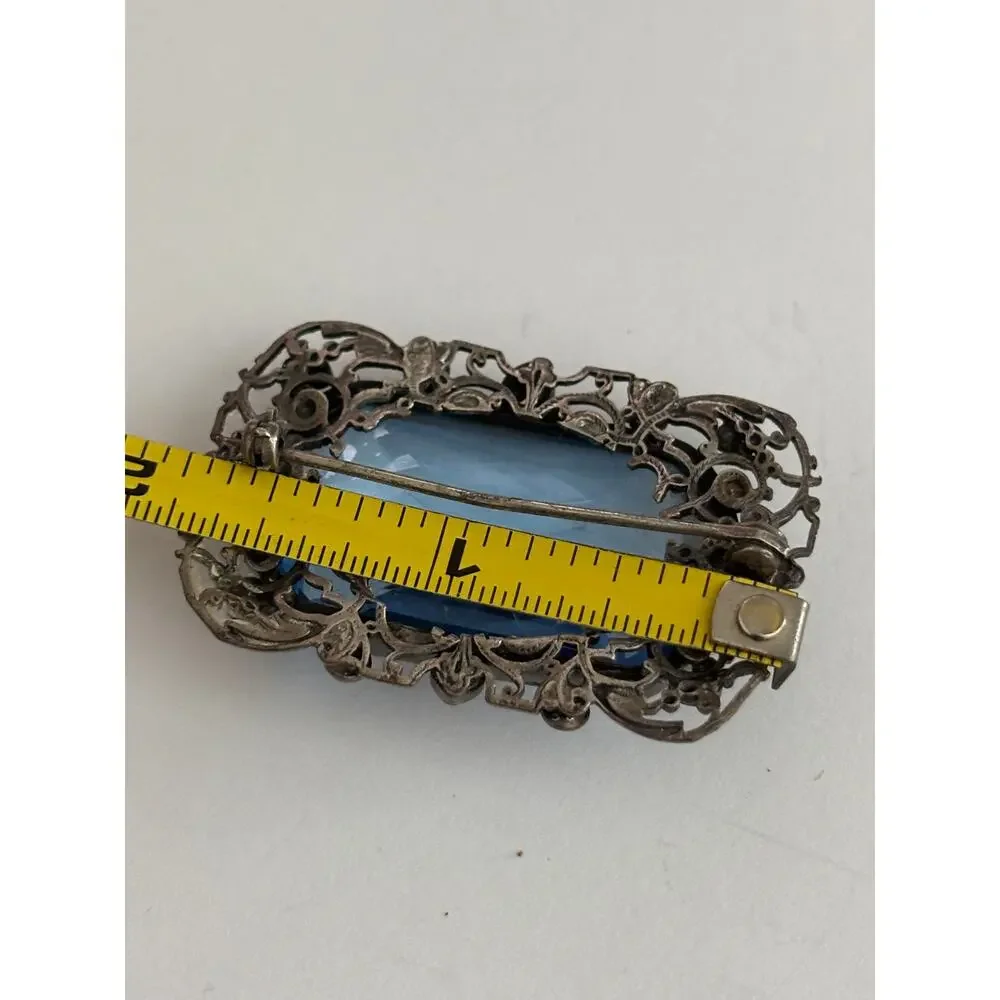 Vintage Silver Tone Irnate Broodh Blue Glass Stone